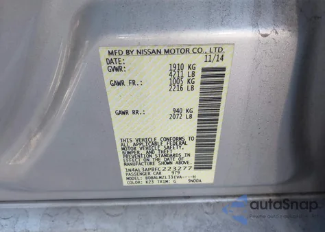 2015 Nissan Altima 2.5 Sv z USA, uszkodzony, nr VIN 1N4AL3AP8FC223277